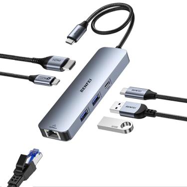 Imagem de BENFEI Hub USB C 6 em 1 com HDMI (4K a 60Hz), 2 USB-A, 1 dados USB-C, carregamento de 100 W, Gigabit Ethernet, cabo de silicone sem emaranhamento compatível com MacBook Pro/Air, iPad Pro, iMac, iPhone