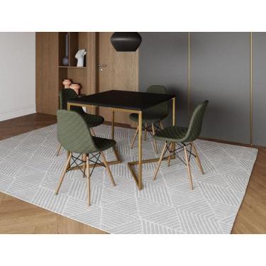 Imagem de Mesa Jantar Industrial Base V Dourado 90cm Quadrada Preta C/ 4 Cadeira