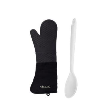 Imagem de Colher de Silicone Branca e Luva Profissional Cabo Longo 2un - WECK