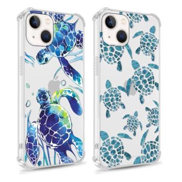 Imagem de Yomjew Pacote com 2 capas de telefone fofas de tartaruga azul claro para iPhone 15 Plus 6,7 polegadas, estética moderna azul preppy desenho tartaruga padrão de verão capa protetora macia fina à prova