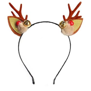 Imagem de FRUZJAY Chifres de rena de Natal, tiaras de Natal com bola de pelúcia, sino de frutas, chifres de Natal, argola de cabelo, chifres de alce, acessórios de cabelo de Natal para adultos, festas de