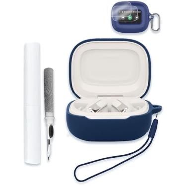 Imagem de Capa para fones de ouvido JBL Live Beam 3/Buds 3/Flex 3, protetor de silicone macio, portátil, resistente a arranhões, compatível com capa com kit de limpeza, mosquetão e cordão, azul