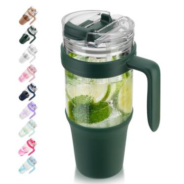 Imagem de Copo de vidro Tronco, 1,2 l, com canudo articulado e tampa - à prova de vazamentos, reutilizável, copo para café gelado com tampa de plástico - cabe na maioria dos porta-copos