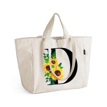 Imagem de AUSVKAI Sacola de lona para mulheres, bolsa de compras de girassol com zíper, bolso interno e alça de ombro longa alça curta, Letra D