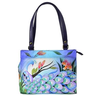 Imagem de Anna by Anuschka Bolsa feminina de couro genuíno grande com zíper | Arte original pintada à mão | Organizador com zíper, Pavão meia-noite, One Size