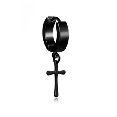 Imagem de Brinco Masculino Argola Cruz Pingente Preto - 1 PEÇA (Não é o par) - V