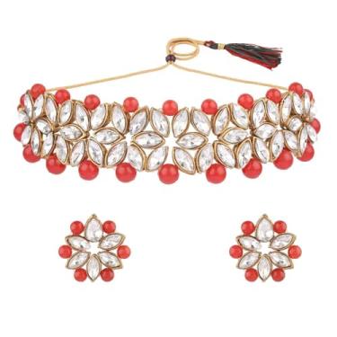 Imagem de Efulgenz Conjunto de joias indianas, gargantilha de cristal, pérolas falsas, colar com várias camadas, brincos Bollywood conjunto de joias para mulheres, Cobre, não conhecido,