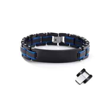 Imagem de VNOX Pulseira de elos azul e preto em dois tons de aço inoxidável personalizada personalizada para homens, marido, pai, filho, presente, 20,8 cm/21,8 cm, 7.4*0.24inch, Aço inoxidável, Sem pedras