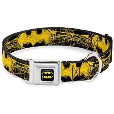 Imagem de Buckle-Down Coleira para cães com fivela de cinto de segurança – Esboço com Escudo do Batman Preto/Amarelo – 3,8 cm de largura – Serve para pescoço de 40,6 a 58,4 cm – Médio