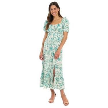 Imagem de London Times Vestido de festa feminino com gola quadrada franzida nas costas, linho, lisonjeiro, versátil, primavera, verão, jardim, Azul marfim, 40