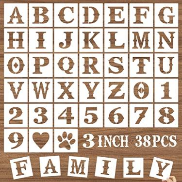 Imagem de DZXCYZ Estênceis de letras e números de 7,6 cm, 38 peças de estêncil de artesanato de alfabeto DIY, modelos de desenho de plástico reutilizáveis para pintura em madeira, parede, tecido, pedra, quadro-negro, piso, sinalização, varanda de porta