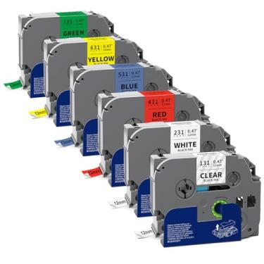 Imagem de Labelwell Pacote com 6 TZe 12 mm 0,47 laminado multicolor compatível com fita de etiqueta P Touch TZ TZe-231 131 431 531 631 para PTouch PT-H110 D210 D220 PT-H103W,