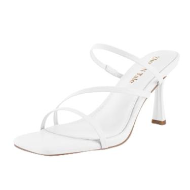 Imagem de Shoe'N Tale Sandálias de salto gatinho com tiras para mulheres stiletto mules bico aberto quadrado sem cadarço, Branco, 35