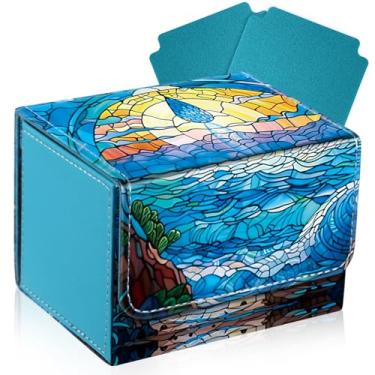 Imagem de Wonderjune Estojo de couro compatível com cartões MTG, comporta mais de 120 cartões colecionáveis, caixa de cartão de armazenamento de ímã forte com 2 divisórias compatível com TCG CCG (azul, queda