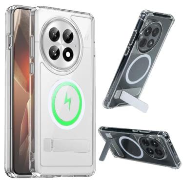 Imagem de Hiooloon Capa magnética transparente para OnePlus 13 compatível com MagSafe, suporte bidirecional integrado [suporte horizontal e vertical] Capa magnética transparente e resistente (transparente)