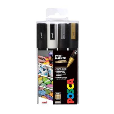 Imagem de Posca Conjunto de marcadores, 4 marcadores de tinta média 5M – tons mono – preto, branco, dourado, prata