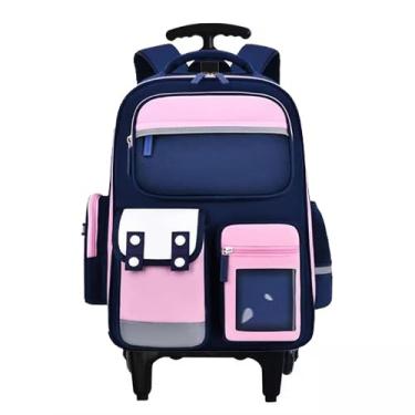 Imagem de Mochila de carrinho Rodinhas Infantil Imperme?vel e com Grande Capacidade, mochila escolar para crian?as de 6 a 13 Anos (rosa com azul)
