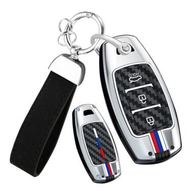 Imagem de HIBEYO Capa de chaveiro compatível com Hyundai I30 Ix35 KONA Encino Solaris Azera Grandeur Ig Accent Santa Fe Palisade Alloy Carbon Fiber Texture Key Shell com chaveiros de couro - 3 botões prata