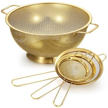 Imagem de Norme Escorredor dourado de aço inoxidável de 4 litros e 3 peças de filtro de malha fina dourada, coador de aço inoxidável para macarrão, arroz, comida, metal, coador com alças, fácil de limpar e pode
