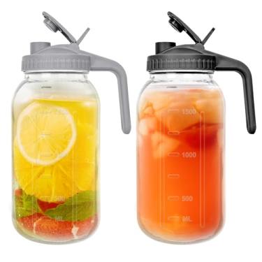 Imagem de Pacote com 2 jarras de vidro de 1,8 l com tampa, 2 frascos de chá solar para uso externo, jarras de vidro de 1,8 l de largura com alça conveniente e design à prova de vazamento para chá gelado, leite