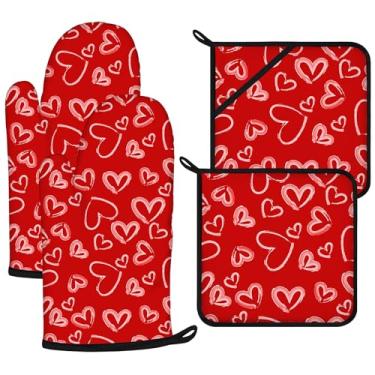 Imagem de Conjunto de luvas de forno e suportes de panela White Love Hearts, 4 peças, luvas de forno extralongas para cozinha, cozinhar, assar, churrasco, 100% algodão, resistente ao calor