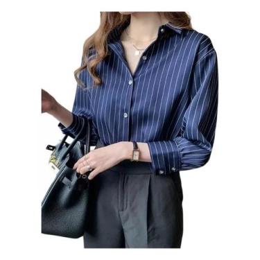 Imagem de F1406-Blusa Camisa Feminina Elegante Social Listrada Luxo Retrô - Xumi