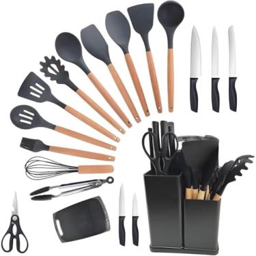 Imagem de Utensilios para Cozinha Silicone Kit com 19 Peças Cabo Madeira Conjunto Completo Espátula Concha Colher Jogo Suporte Faca Antiaderente Tabua Tesoura Faqueiro Cores Sortidas