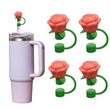 Imagem de 4 capas de palha de flor rosa de 10 mm para copo Stanley, capa de silicone à prova de poeira, pontas de canudo de flor, tampa de poeira para beber 30 e 1,134 g (laranja)