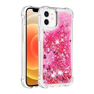 Imagem de Capa de telefone à prova de choque para iPhone 12 Mini com glitter líquido de areia movediça e corações flutuantes, capa de TPU de camada dupla reforçada com 4 cantos, protetor de telefone seguro