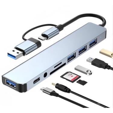 Imagem de Hub USB-C 8 em 1, Adaptador Multifuncional com 3 Portas USB 3.0, Leitor de Cartão SD/TF, Entrada de Áudio, Cinza