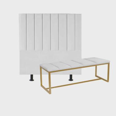 Imagem de Kit Cabeceira Carla e Recamier Industrial 160cm Queen Size Box Ferro Dourado Sintético Branco - Ahz Móveis