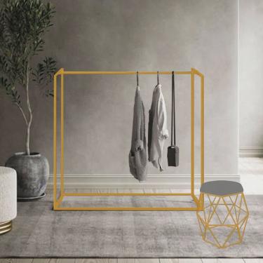 Imagem de Cabideiro Arara de roupas Maya 150cm Closet Loja e Puff Luna Ferro Dourado Suede Cinza - Ahazzo Móveis