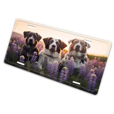 Imagem de Capa criativa para placa de licença Three King Dog Flowers - Etiqueta artística de alumínio, à prova de ferrugem, design exclusivo - 15 x 30 cm