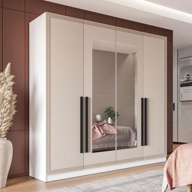 Imagem de Guarda-Roupa Casal Valência 4 Portas 4 Gavetas com Espelho Branco/Creme - Politorno