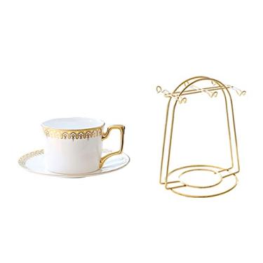 Imagem de AKALNNB Conjunto de chávenas de chá de 6 peças, conjunto de chávenas de chá de luxo europeu de cerâmica e pires de xícara de café com suporte para chá e cozinha