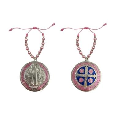 Imagem de 2 peças de medalhas azuis de São Bento para porta com crucifixo de cruz de São Bento, conjunto de presente católico rosa para pendurar no carro, decoração de cabide de porta de casa (2 peças rosa)