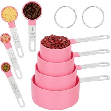 Imagem de Kit 8 Peças Medidores De Cozinha Colheres Medidor Culinário Copo Dosador Jogo Colher Aço Inox Medida Chá Café (Rosa)