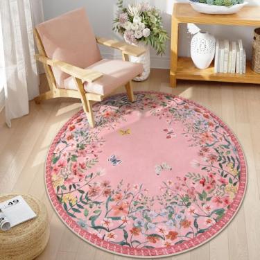 Imagem de Wonnitar Tapete de área redonda lavável de 1,5 m, tapetes florais rosa para quarto de meninas, tapete botânico macio de pilha baixa para quarto de criança (rosa, 1,5 m redondo)