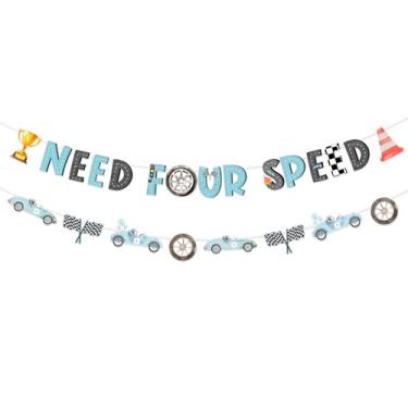 Imagem de kreat4joy Race Car 4th Birthday Decorations, Need Four Speed Banner Racing Car Garland Blue Pre-Strung Banner Garland for Fast Four Race Retro Vintage Car 4th Birthday Decoration Boy