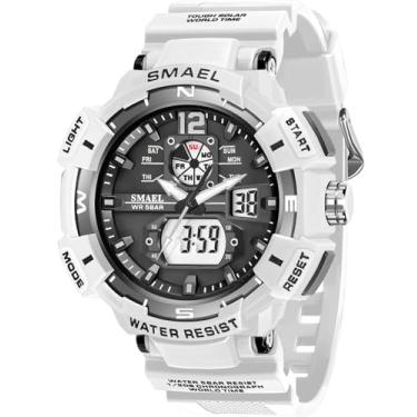 Imagem de SMAEL Relógios masculinos esportivos ao ar livre à prova d'água relógio militar data multifuncional táticas LED alarme facial cronômetro para homens 8087, Branco, Esportes