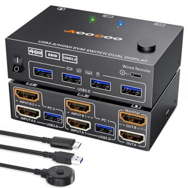 Imagem de Interruptor HDMI KVM 2 monitores, 2 PCs 4K@60Hz/2K@120Hz KVM Switches com simulador EDID, porta USB 3.0, controle remoto com fio e cabos USB 3.0 incluídos