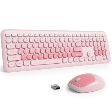 Imagem de Fogruaden Teclado e mouse rosa sem fio silencioso, 2,4 GHz, estilo máquina de escrever fofo, conjunto de teclado e mouse colorido, design fino, digitação de baixo ruído para casa, escritório, Windows