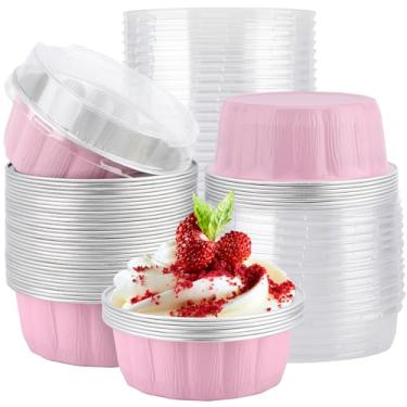 Imagem de EUSOAR Recipiente para cheesecake, 50 peças de ramequins rosa creme brulee de 255 g descartáveis, copos de alumínio com tampas, cupcakes, pudim de pão, suportes redondos de panela, lata para festa