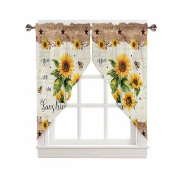 Imagem de EZON-CH Cortina com saia para cozinha, fazenda vintage, girassol, flores, abelhas, textura de madeira marrom, tratamento de janela, vara, bolso, quarto, cortinas para banheiro, fazendas, 71 x 91 cm x