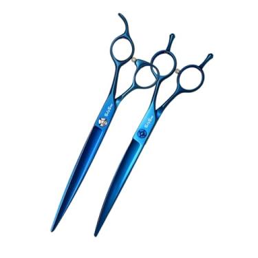 Imagem de SnipStar Professional Pet Tesouras Azul Conjunto VG10 Aço 7,5 polegadas reta e 7 polegadas curva corte tesouras para cuidados de cães