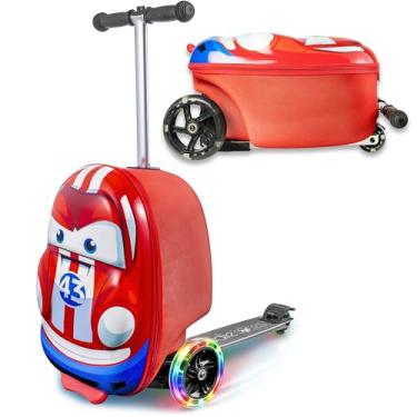 Imagem de Kiddietotes Mala rígida 3D para crianças – Linda bagagem de mão infantil leve com rodas LED – Design de roda atualizado 2022, Vermelho, Carro de corrida
