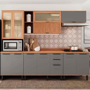 Imagem de Cozinha Completa Castanha 12 Portas 2 Gavetas Ripado com Vidro Cinza/F