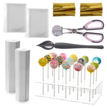 Imagem de Kit de bolo pop incluindo 200 palitos de pirulito de 15 cm e 200 peças de embalagens transparentes, suporte de exibição de acrílico transparente de 15 furos, 1 colher de metal Baller, 1 pá de