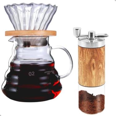 Imagem de Conjunto de Café Pour Over, Cafeteira de Vidro 600ml com Suporte e Moedor Manual de Café em Madeira