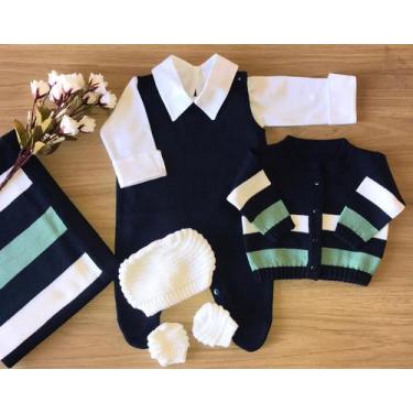 Imagem de Saída de maternidade de menino listrada em tricot 4 peças - Dinhos bab